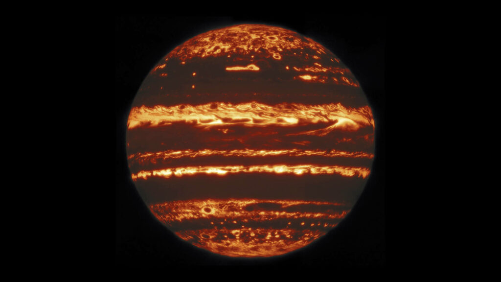 Jupiter en infrarouge. // Source : International Gemini Observatory/NOIRLab/NSF/AURA M.H. Wong (UC Berkeley) and team (photo recadrée)
