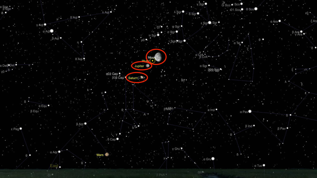 La Lune, Saturne et Jupiter dans la nuit du 11 au 12 mai 2020. // Source : Capture d'écran The Sky Live, annotations Numerama