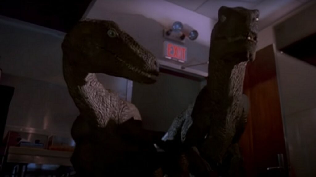 Scène de la cuisine avec les raptors. // Source : Jurassic Park (1993)