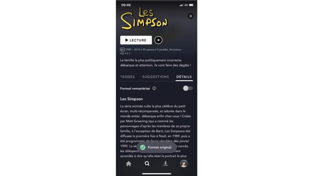 Option pour regarder les épisodes des Simpson en 4:3 sur Disney+ (iOS) // Source : Capture d'écran Option pour regarder les épisodes des Simpson en 4:3 sur Disney+ (iOS) // Source : Capture d'écran