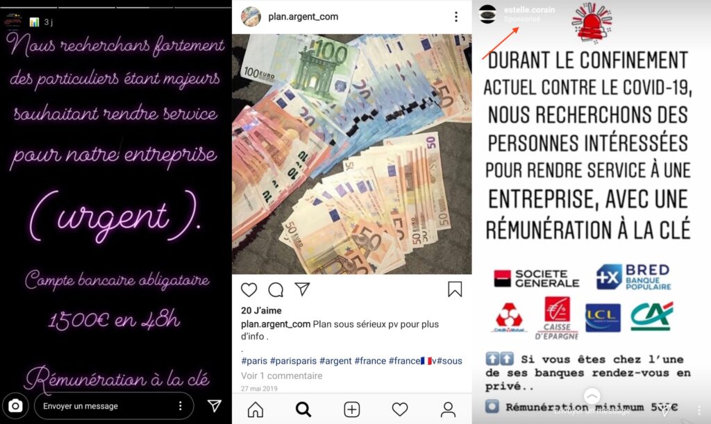 De nombreux comptes proposent des rémunérations contre des « services » // Source : Capture d'écran Instagram / Numerama