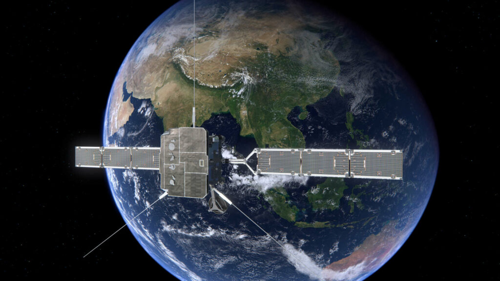 Solar Orbiter survolant la Terre, vue d'artiste. // Source : ESA/ATG medialab (photo recadrée)