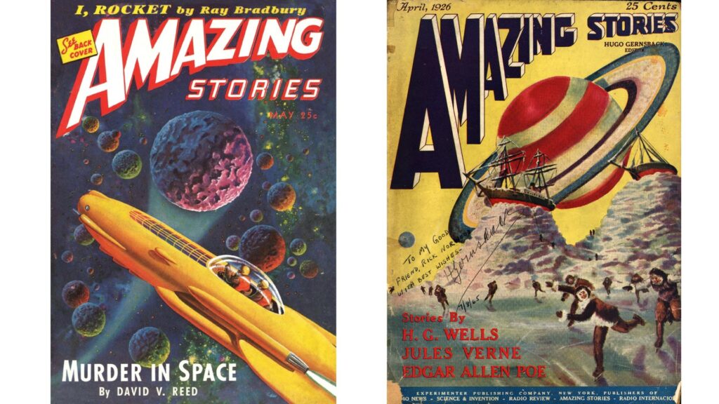 Des couvertures issues d'Amazing Stories, célèbre pulp de SF.