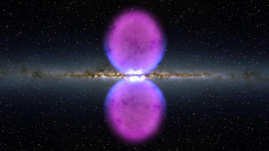 Les bulles de Fermi au-dessus et en-dessous du disque galactique. // Source : Flickr/NASA Goddard Space Flight Center