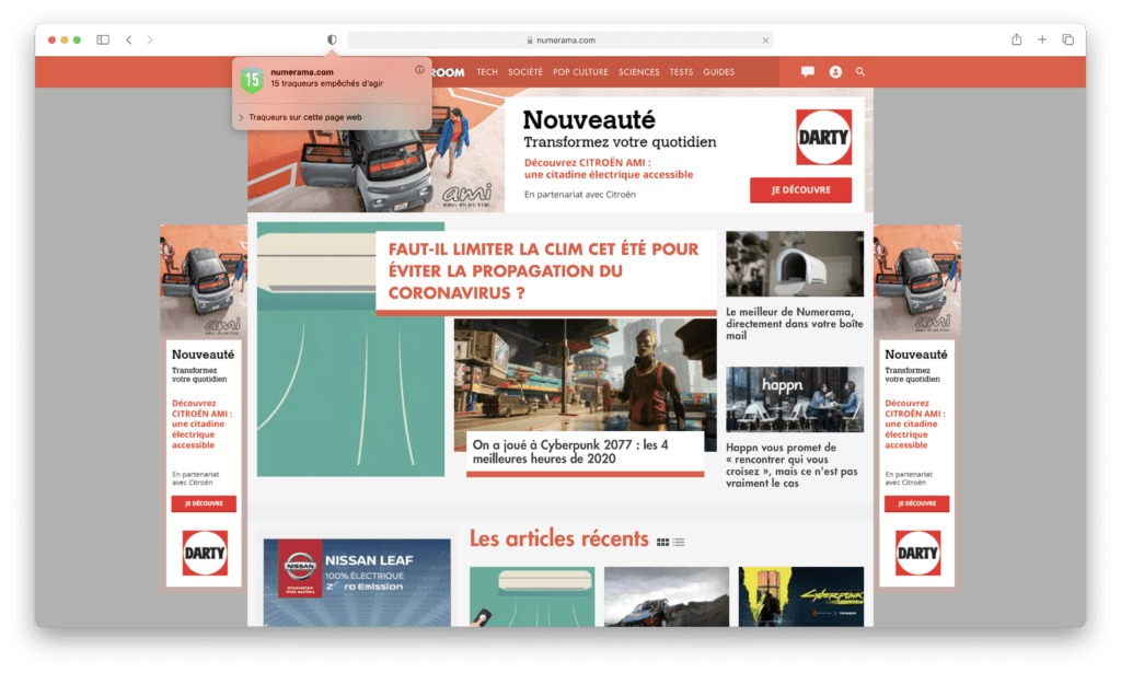 La notification de Safari sur les cookies // Source : Capture d'écran Numerama La notification de Safari sur les cookies // Source : Capture d'écran Numerama