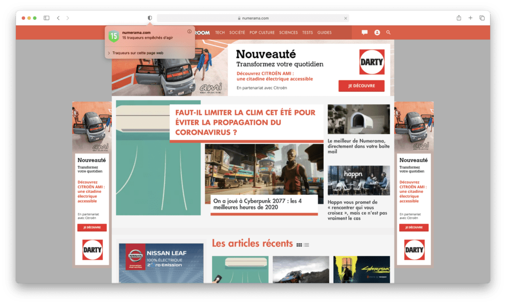 La notification de Safari sur les cookies // Source : Capture d'écran Numerama