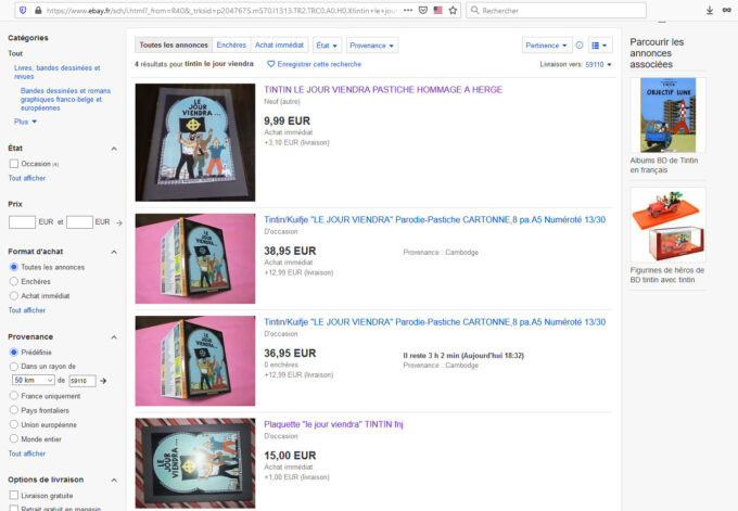 Sur les sites de ventes tel eBay, il est très facile de trouver des bandes dessinées raciste "hommage" à Tintin // Source : Capture d'écran Numerama