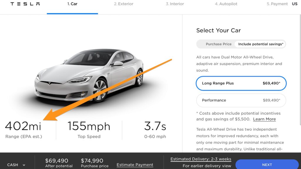 Tesla Model S avec 402 miles d'autonomie // Source : Capture d'écran
