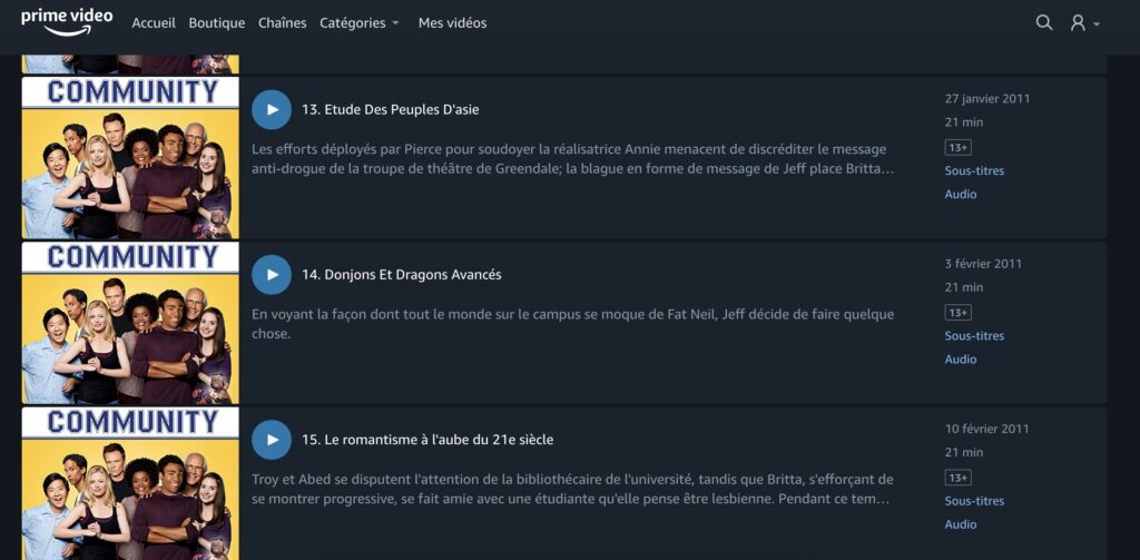 Les épisodes de Community sur Amazon Prime Video // Source : Capture 29 juin 2020