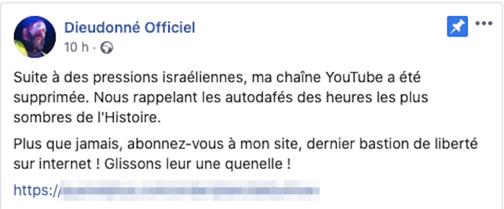 Page Facebook officielle de Dieudonné // Source : Capture d'écran 30 juin 2020 Page Facebook officielle de Dieudonné // Source : Capture d'écran 30 juin 2020
