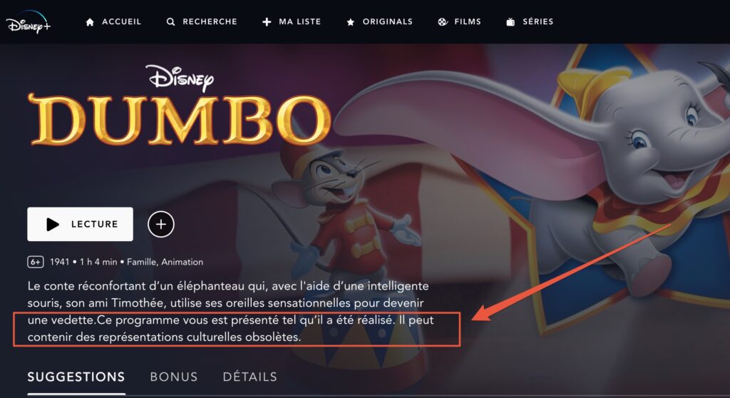Le film Dumbo dans Disney+ est précédé d'un avertissement