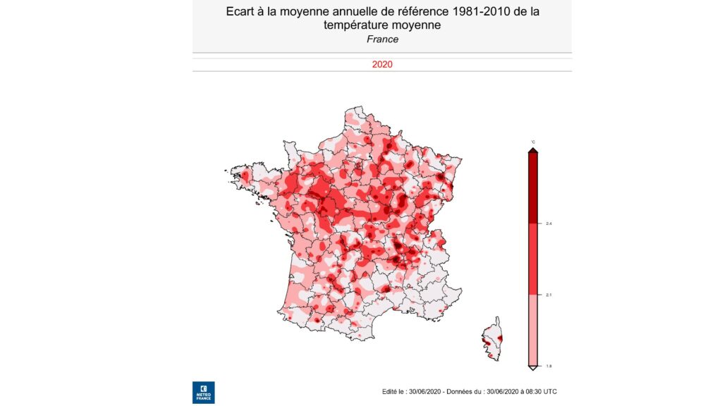 Graphique du niveau d'écart de température, par rapport à la normale, entre 2020 et la moyenne 1981-2010. // Source : MétéoFrance