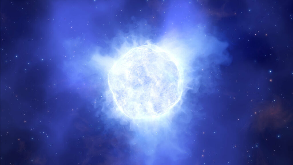 Vue d'artiste de l’étoile variable bleue lumineuse de la galaxie naine de Kinman. // Source : ESO/L. Calçada