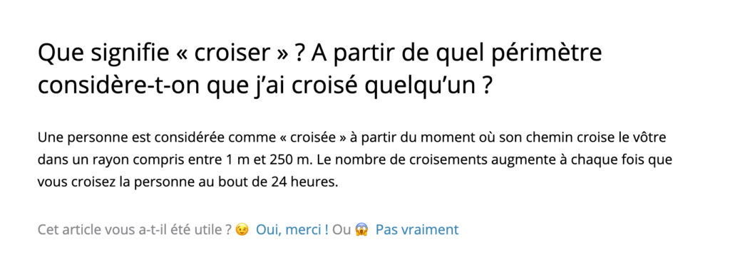 Sur sa FAQ officielle, Happn n'indique pas la bonne mesure pour le croisement. // Source : Capture du site de Happn le 25 juin à 14h30