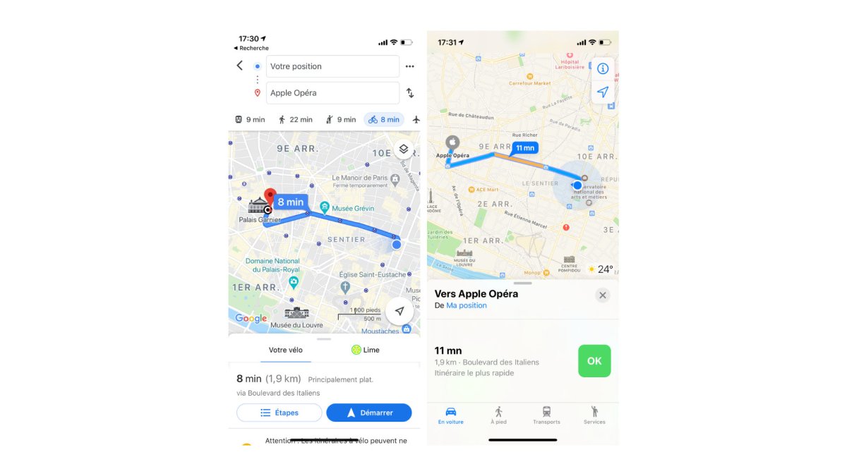 Apple Maps vs Google Maps // Source : Capture d'écran Numerama