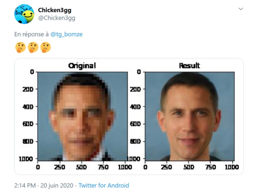 Un exemple du visage d'Obama passé à travers le "Face Depixelizer"