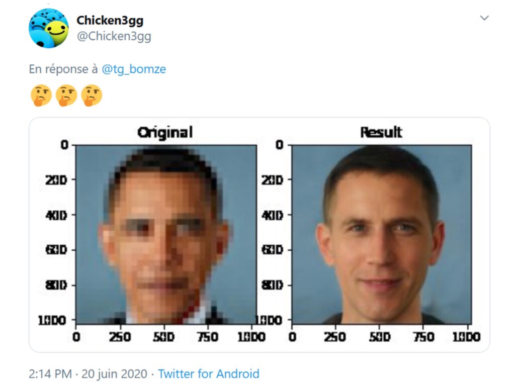 Un exemple du visage d'Obama passé à travers le "Face Depixelizer" Un exemple du visage d'Obama passé à travers le "Face Depixelizer"