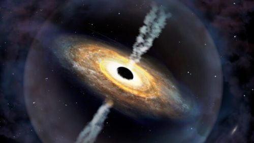 Vue d'artiste du quasar J1007+2115. // Source : International Gemini Observatory/NOIRLab/NSF/AURA/P. Marenfeld. (photo recadrée)