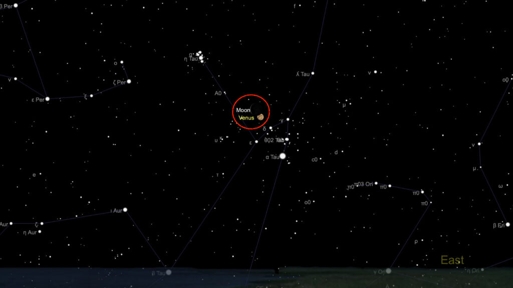 Vénus et la Lune le matin du 19 juin 2020. // Source : Capture d'écran The Sky Live, annotations Numerama