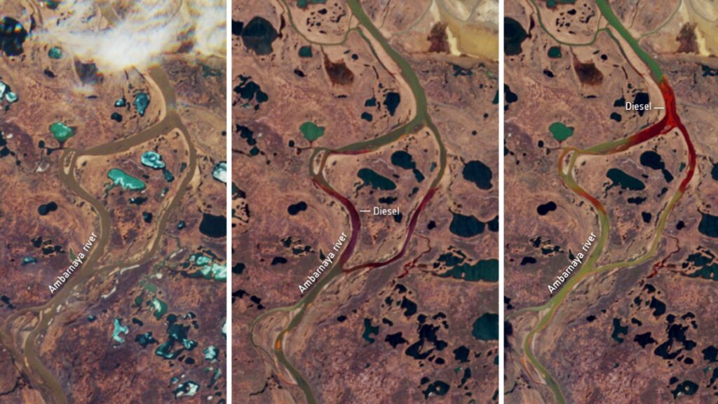 Progression de la marée noire, visible en rouge. À gauche, 23 mai. Au centre, 31 mai. À droite, 1er juin. // Source : Agence spatiale européenne