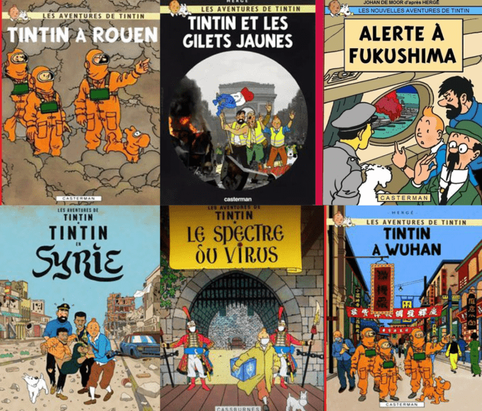 Chaque évènement important d'actualité a rapidement droit à sa fausse couverture des Aventures de Tintin // Source : Montage Numerama