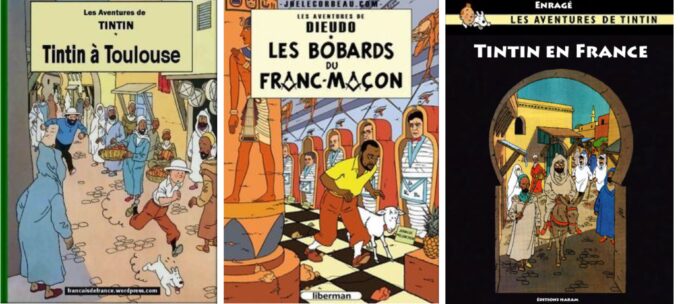 Les fausses couvertures de bandes dessinées où Tintin triomphe du « péril musulman » ou s’insurge de « l’islamisation des terres chrétiennes » sont nombreuses sur les forums d'extrème droite. // Source : Montage Numerama