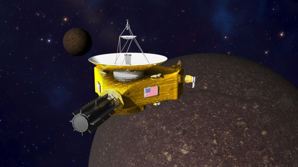 Vue d'artiste de New Horizons survolant Pluton. // Source : Flickr/Cc/Kevin Gill (photo recadrée)