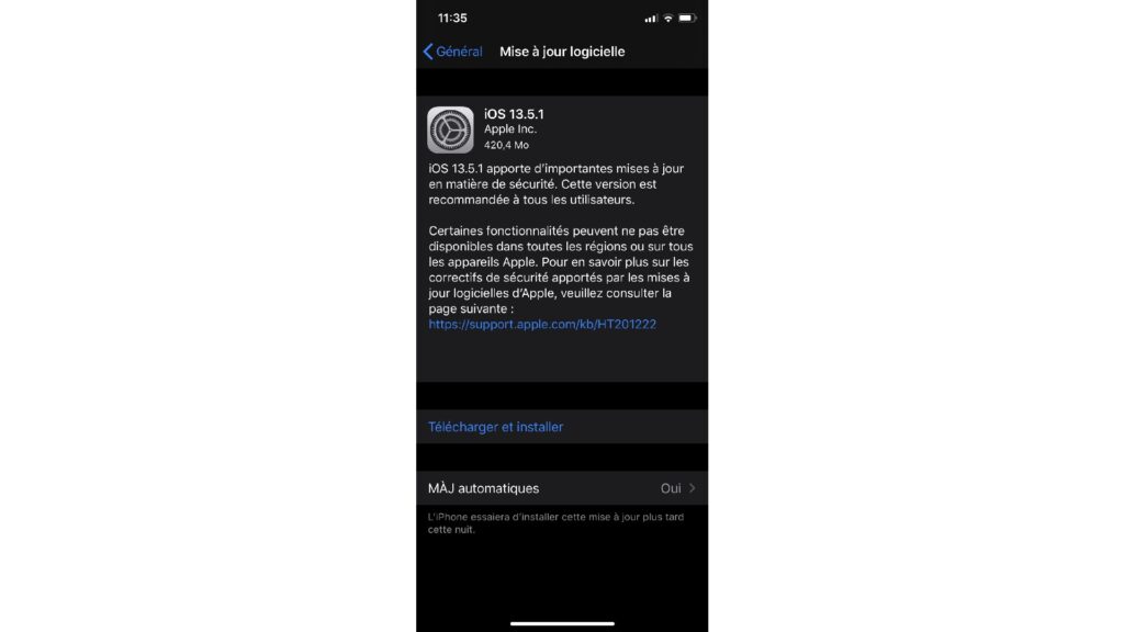 Apple iOS 13.5.1 // Source : Capture d'écran
