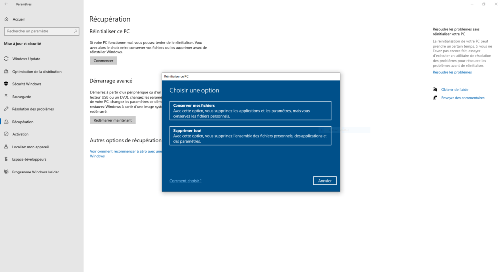 Réinitialisation Windows 10 Réinitialisation Windows 10