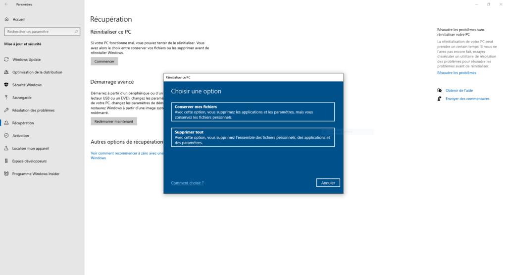 Réinitialisation Windows 10