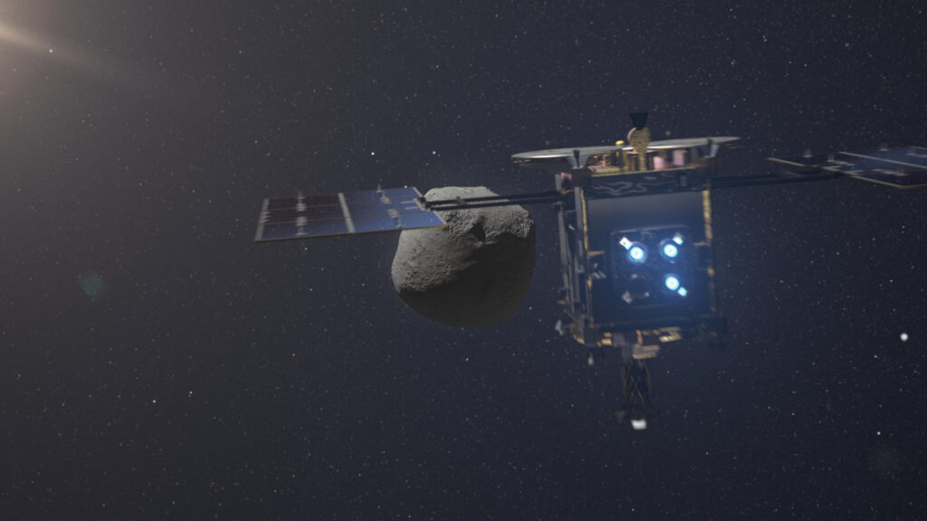 Représentation de la mission Hayabusa 2, vers l'astéroïde Ryugu. // Source : DLR German Aerospace Center