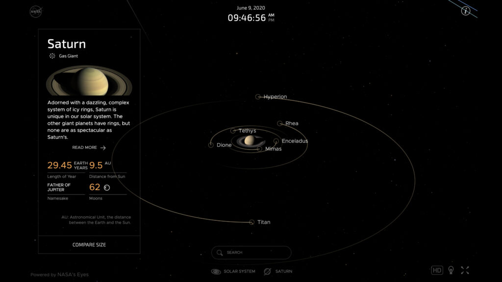 Les satellites de Saturne. // Source : Capture d'écran Eyes on the Solar System