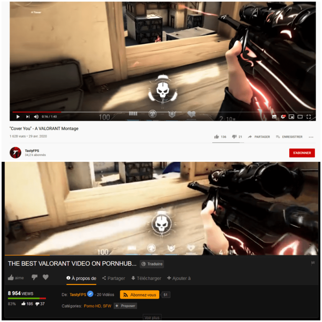 Le vidéaste gaming danois Tasty a uploadé la même vidéo sur YouTube et Pornhub, la seconde a réalisé cinq fois plus d'audience  // Source : Montage Numerama