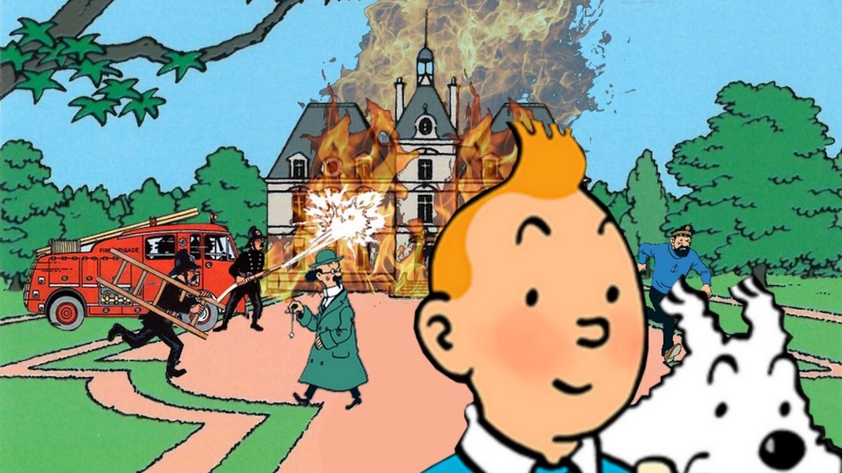 Mème de Tintin reprenant un autre mème nommée "Disaster Girl" // Source : Montage : Justine R sur Facebook