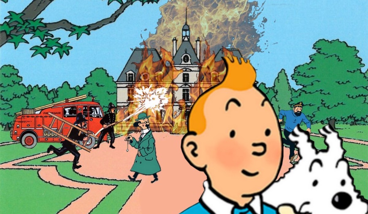 Mème de Tintin reprenant un autre mème nommée "Disaster Girl" // Source : Montage : Justine R sur Facebook