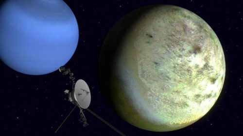 Vue d'artiste de Triton, Neptune et Voyager 2. // Source : Flickr/CC/Kevin Gill (photo recadrée)