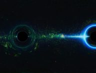 Deux trous noirs supermassifs. // Source : NASA’s Goddard Space Flight Center; background, NASA/JPL-Caltech/UCLA (photo recadrée)