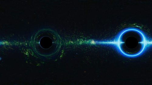 Deux trous noirs supermassifs. // Source : NASA’s Goddard Space Flight Center; background, NASA/JPL-Caltech/UCLA (photo recadrée)