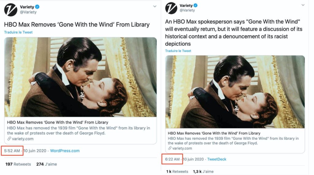 Deux tweets de Variety à 30min d'écart Deux tweets de Variety à 30min d'écart
