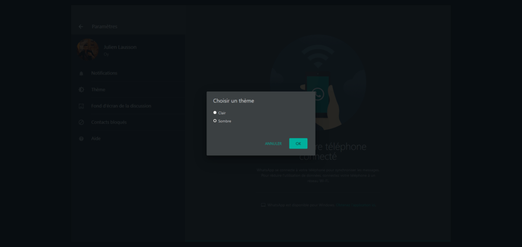 WhatsApp web thème sombre