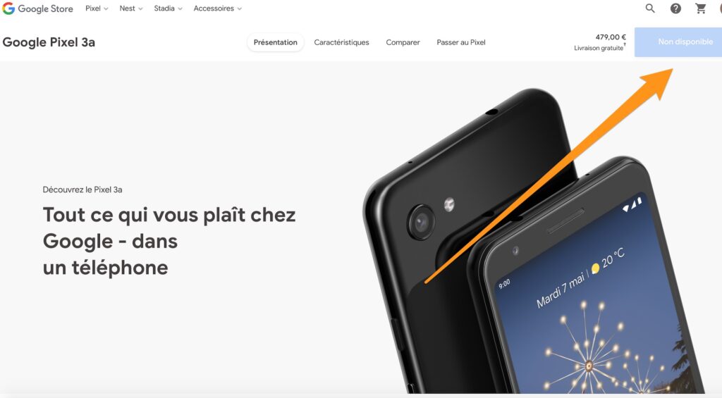 Google Pixel 3a indisponible en France // Source : Capture d'écran du 2 juillet 