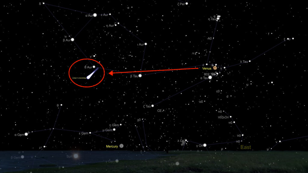 Vénus peut servir de repère vers la comète. // Source : Capture d'écran The Sky Live, annotations Numerama