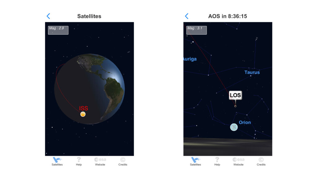 Suivi de l'ISS via l'app ESA WIS sur iOS. // Source : Captures d'écran ESA WIS