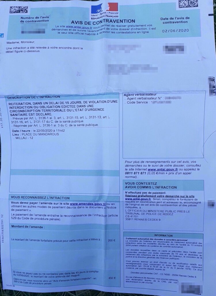L'infraction reçue (anonymisée par Numerama) L'infraction reçue (anonymisée par Numerama)