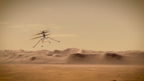 Vue d'artiste d'Ingenuity en train de voler sur Mars. // Source : NASA/JPL-Caltech (photo recadrée)