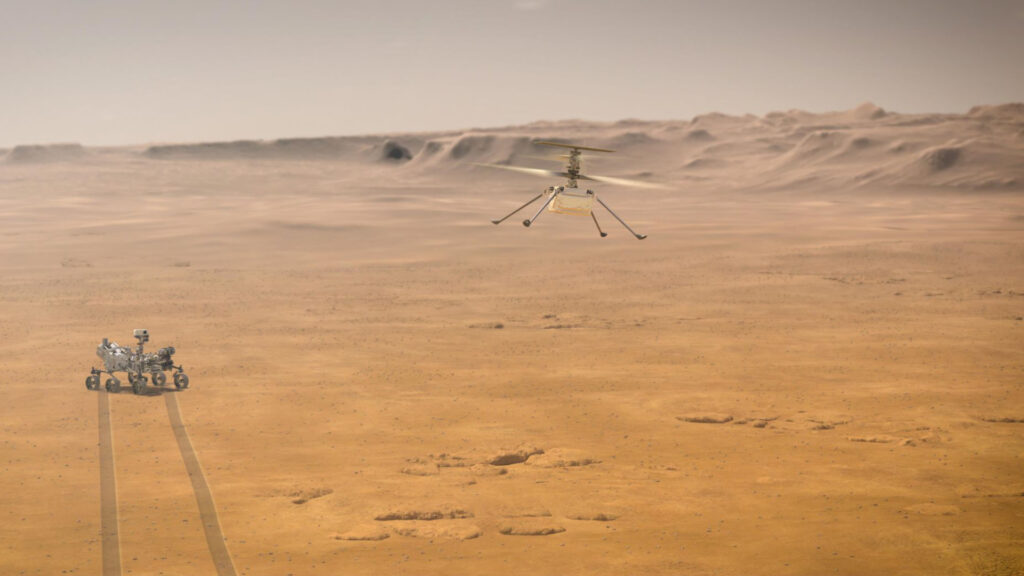 Ingenuity et Perseverance sur Mars, vue d'artiste. // Source : NASA/JPL-Caltech (photo recadrée)