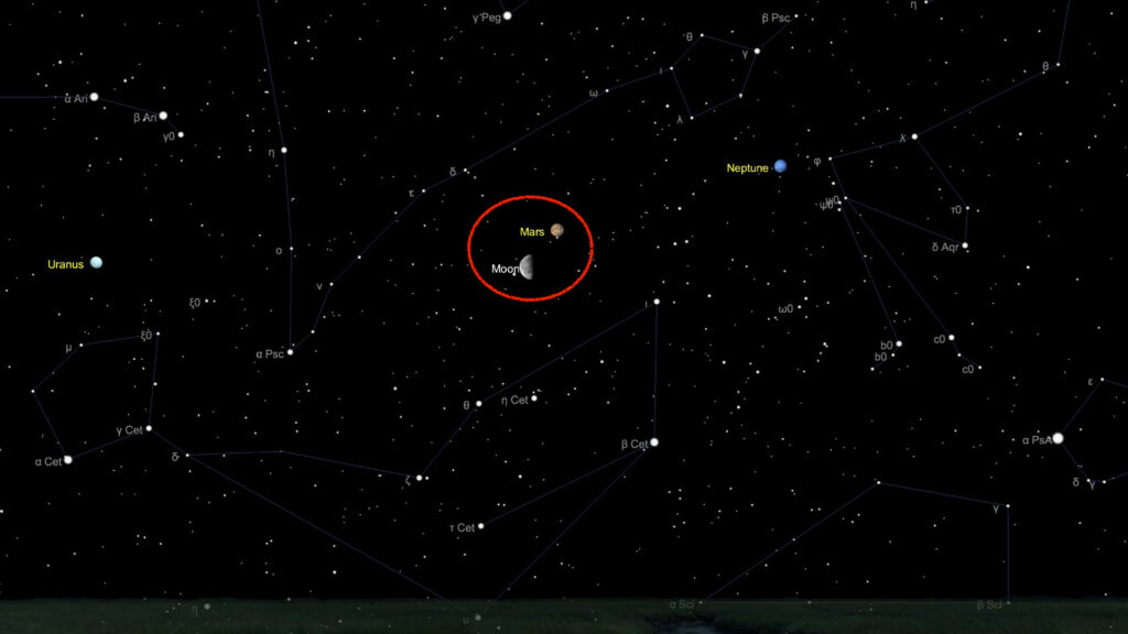 Mars et la Lune, à 4h le 12 juillet. // Source : Capture d'écran The Sky Live, annotation Numerama