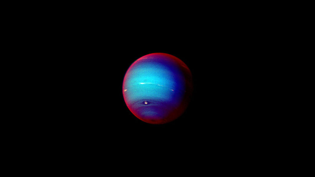Neptune en fausse couleur. // Source : NASA/JPL (photo recadrée et modifiée)