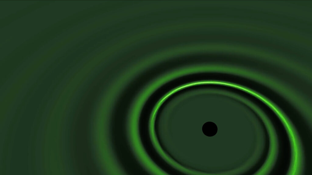 Représentation d'une onde gravitationnelle émise lors d'une fusion de deux trous noirs. // Source : Capture d'écran YouTube LIGO Lab Caltech : MIT