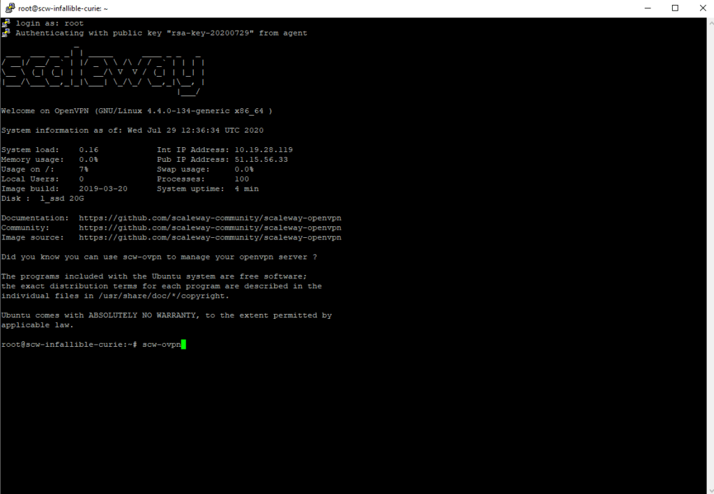 Entrez pour commencer la commande "root". Le serveur indique alors qu’OpenVPN a bien été installé et qu’il est prêt à l’emploi.